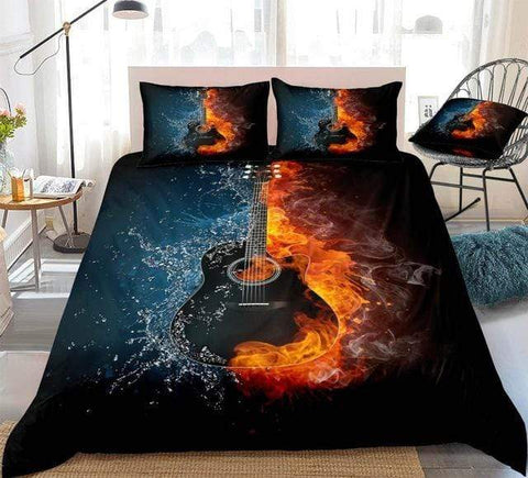 Image of 3D Black Guitar on Fire and Water Comforter Set - Beddingify