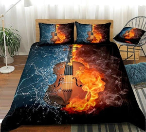 3D Violin on Fire Water Splash Bedding Set - Beddingify