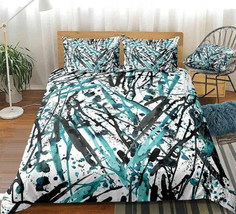 Image of Watercolor Splatter Black Green Lines Bedding Set - Beddingify