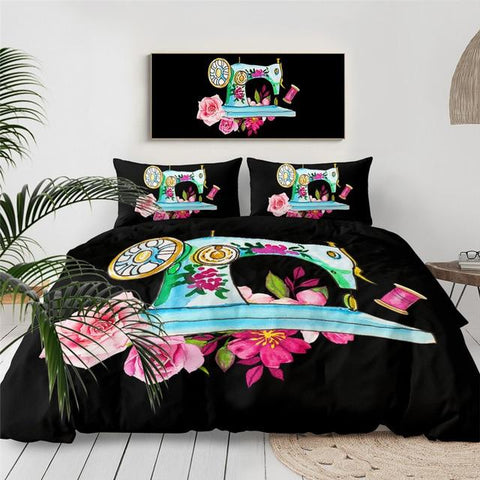 Image of Pink Flowers Sewing Machine Comforter Set - Beddingify