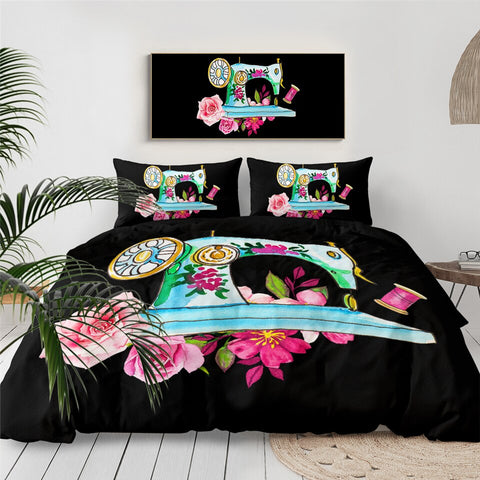 Image of Pink Flowers Sewing Machine Bedding Set - Beddingify