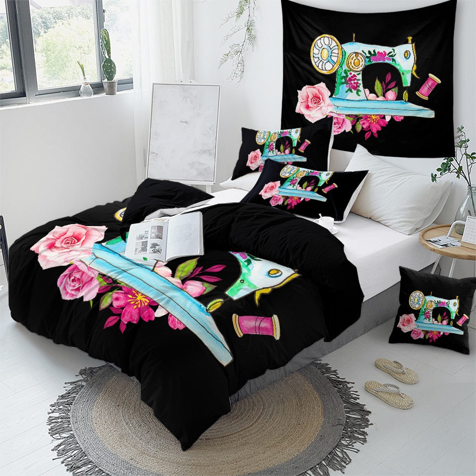 Pink Flowers Sewing Machine Bedding Set - Beddingify