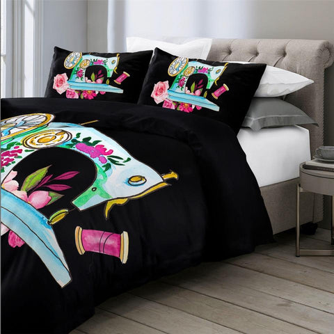 Image of Pink Flowers Sewing Machine Comforter Set - Beddingify