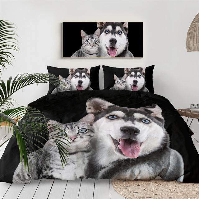 Husky And Cat Comforter Set - Beddingify