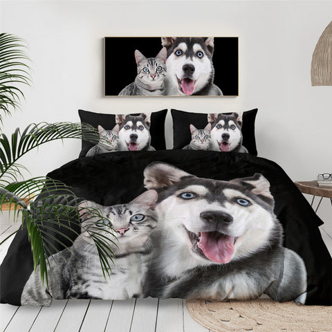 Husky And Cat Bedding Set - Beddingify