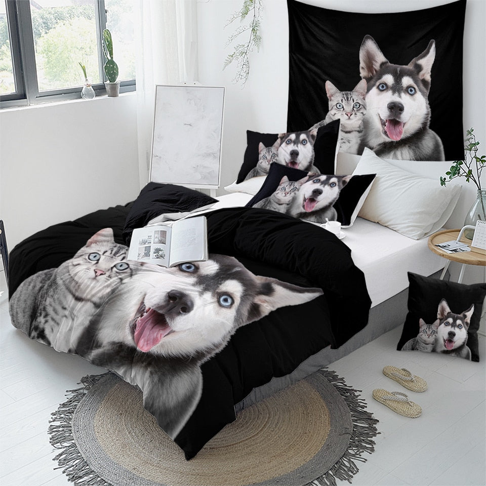 Husky And Cat Bedding Set - Beddingify