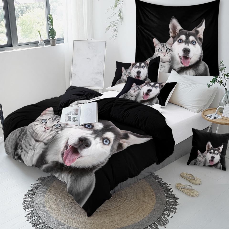 Husky And Cat Comforter Set - Beddingify