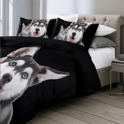 Image of Husky And Cat Comforter Set - Beddingify
