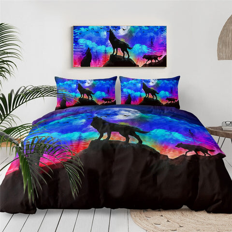 Image of Misty Galaxy Howling Wolf Bedding Set - Beddingify