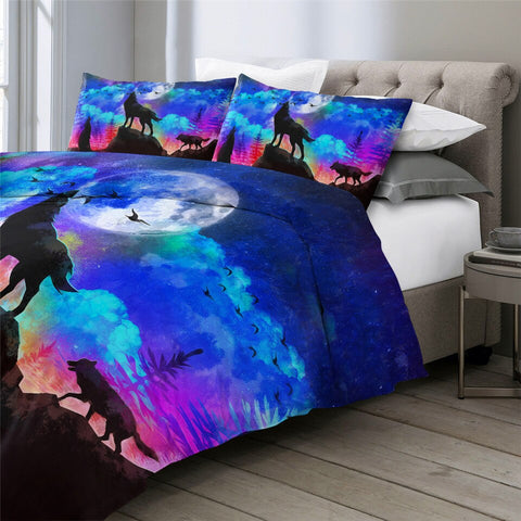 Image of Misty Galaxy Howling Wolf Bedding Set - Beddingify