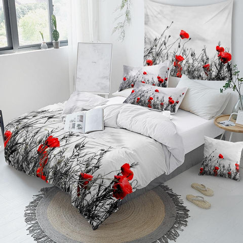 Image of Red Flowers Comforter Set - Beddingify