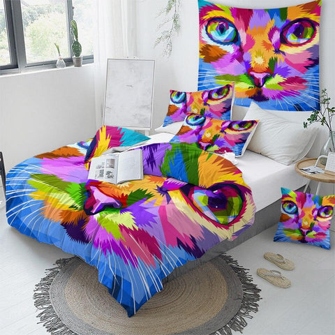 Image of Rainbow Cat Face Comforter Set - Beddingify