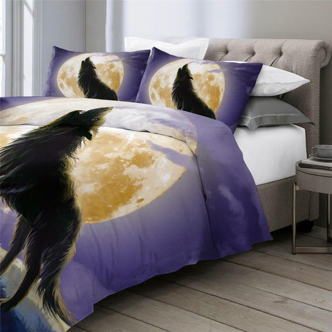 Image of Wolf Howling Under Moon Comforter Set - Beddingify