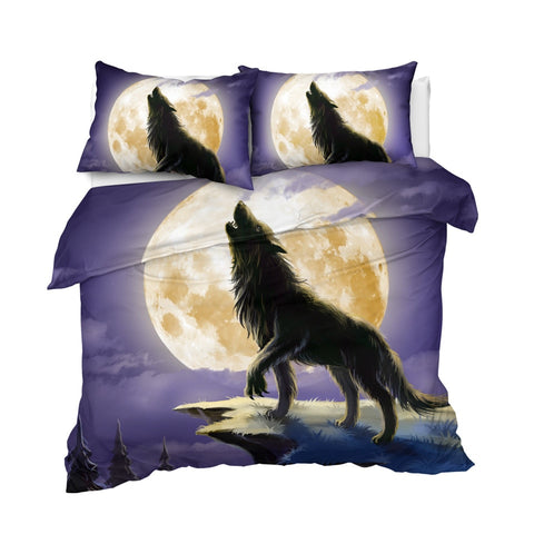 Image of Wolf Howling Under Moon Bedding Set - Beddingify