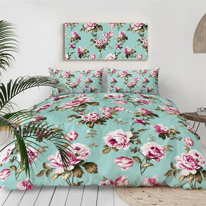 Blue Background Pink Roses Comforter Set - Beddingify