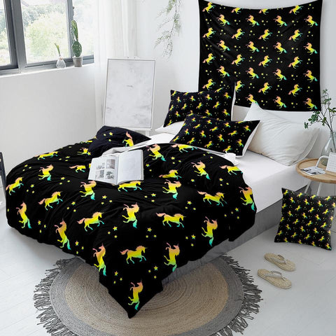 Image of Rainbow Unicorn Black Background Comforter Set - Beddingify