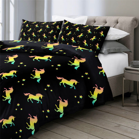 Image of Rainbow Unicorn Black Background Bedding Set - Beddingify