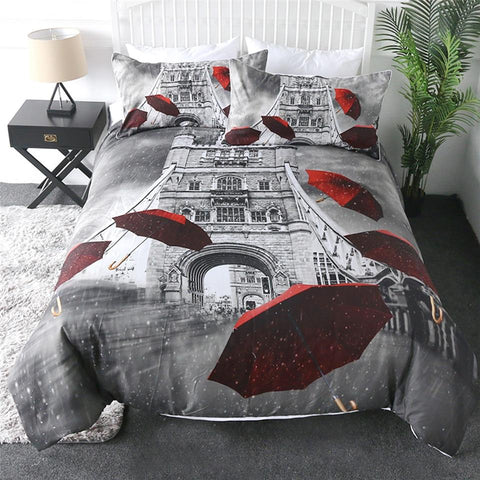 Image of Paris Tower And Red Umbrellas Comforter Set - Beddingify