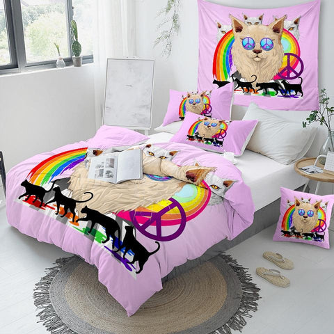 Image of Rainbow Pink Cat Comforter Set - Beddingify