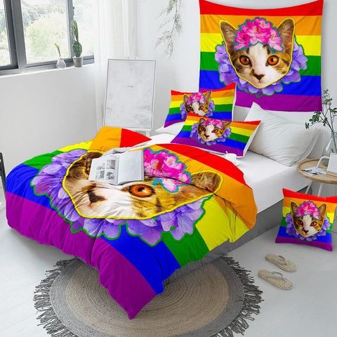 Image of Rainbow Pink Cat Comforter Set - Beddingify