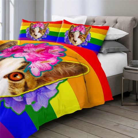 Image of Rainbow Pink Cat Comforter Set - Beddingify