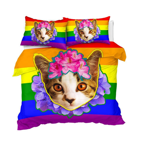 Image of Rainbow Pink Cat Comforter Set - Beddingify