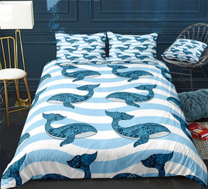 Stripe Blue Whales Bedding Set - Beddingify
