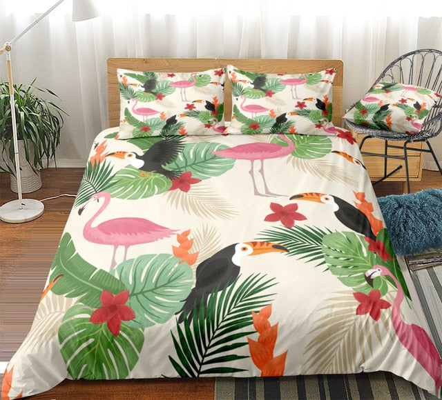 Flamingo And Parrot Bedding Set - Beddingify