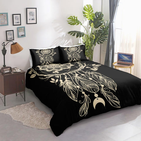 Image of Feather Black Dreamcatcher Comforter Set - Beddingify