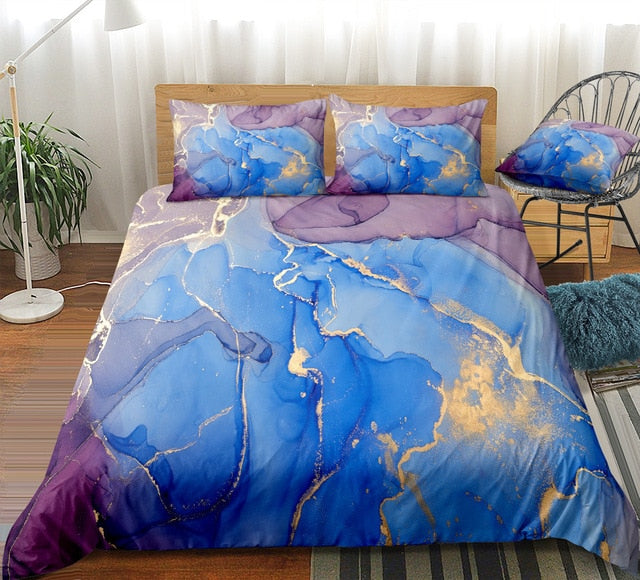 Gold Blue Purple Marble Bedding Set - Beddingify
