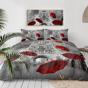 Paris Tower And Red Umbrellas Bedding Set - Beddingify
