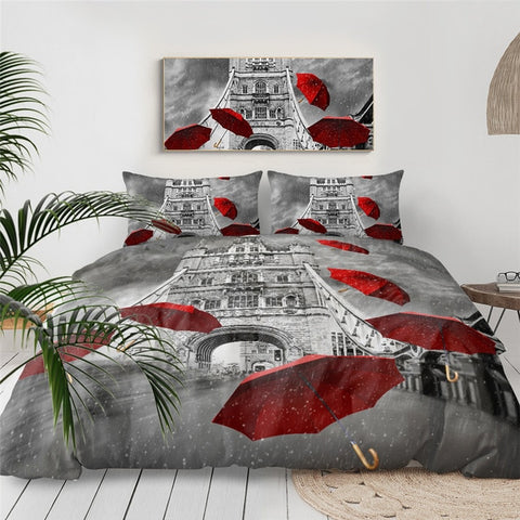 Image of Paris Tower And Red Umbrellas Bedding Set - Beddingify