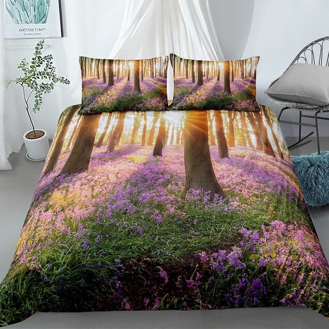 Purple Flowers Forest Landscape Bedding Set - Beddingify