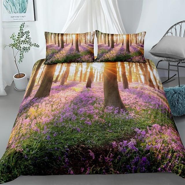 Purple Flowers Forest Landscape Comforter Set - Beddingify