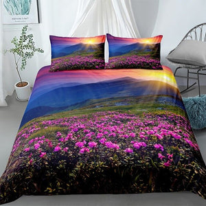 Purple Flowers Sunset Landscape Bedding Set - Beddingify