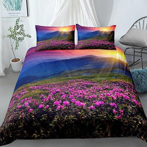 Purple Flowers Sunset Landscape Comforter Set - Beddingify