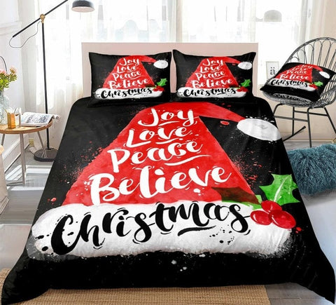 Christmas Santa Hat Lettering Joy Love Peace Bedding Set - Beddingify