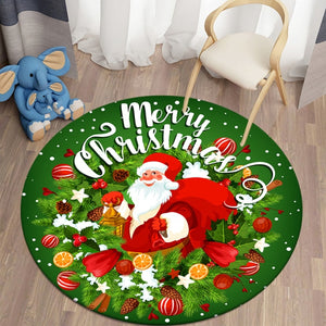 Merry Xmas - Happy Santa Claus in Flowers - Green Round Carpet