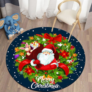 Merry Xmas - Happy Santa Claus in Flowers - Dark Blue Round Carpet