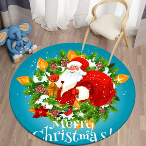 Merry Xmas - Happy Santa Claus in Flowers - Blue Round Carpet