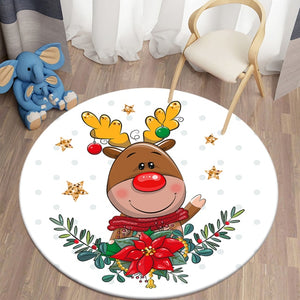 Kawaii Decorative Carpet Reindeer Printed Christmas Area Rugs Round Carpet