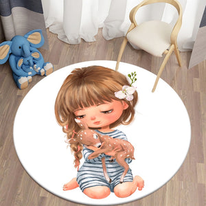 Cartoon Girls with Tiny Spotted Deer Pattern Flannel Bedroom Round Carpet