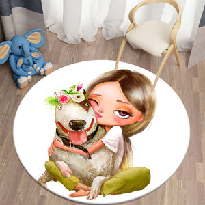 Cartoon Girls with Bull Terrier Pattern Flannel Bedroom Round Carpet