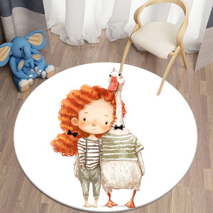 Cartoon Girls with Lovely Duck Pattern Flannel Bedroom Round Carpet