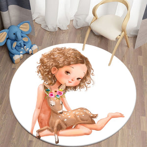 Cartoon Girls with Floral Spotted Deer Pattern Flannel Bedroom Round Carpet