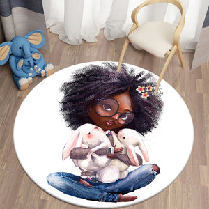 Cartoon Girls with Rabbits Pattern Flannel Bedroom Round Carpet