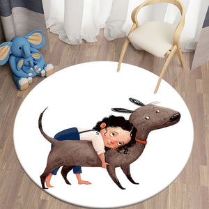 Round Carpet for Living Room Childrens Rug Cartoon Girls with Animal Pattern Flannel Bedroom Carpet Kids Play Mat floor mat
