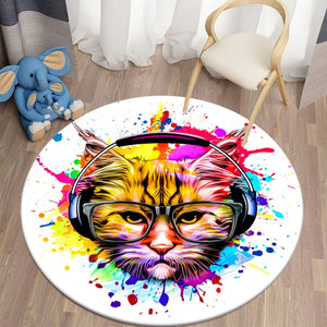 Colorful Headphone Cat Round Carpet for Living Room Rugs Kids Carpet Soft Non-slip Floor Mat