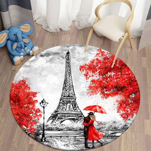In Love People under the Rain in France Paris Tower Round Carpets