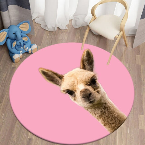 Image of Alpaca - Pink Background Round Carpet Children's Rug Flannel Carpet